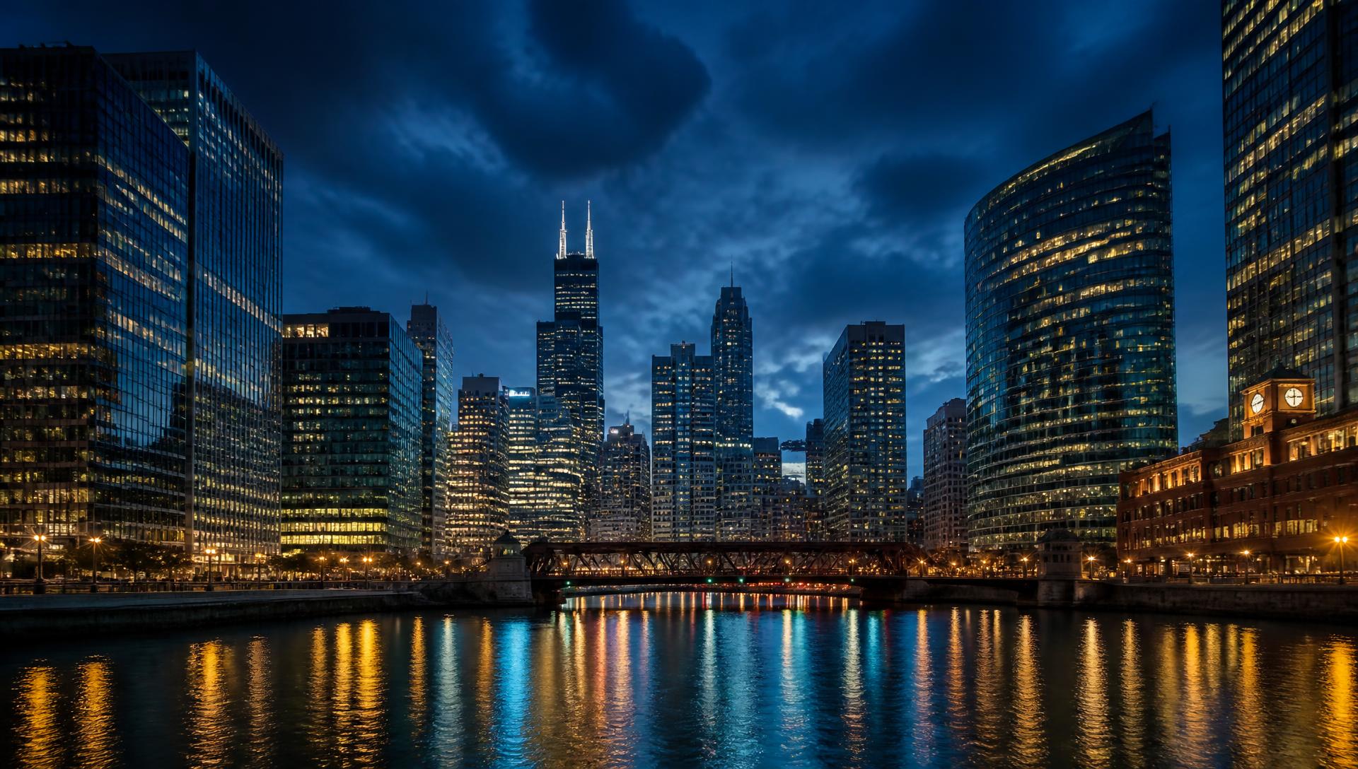 The Chicago skyline at dusk viewed from the Chicago River